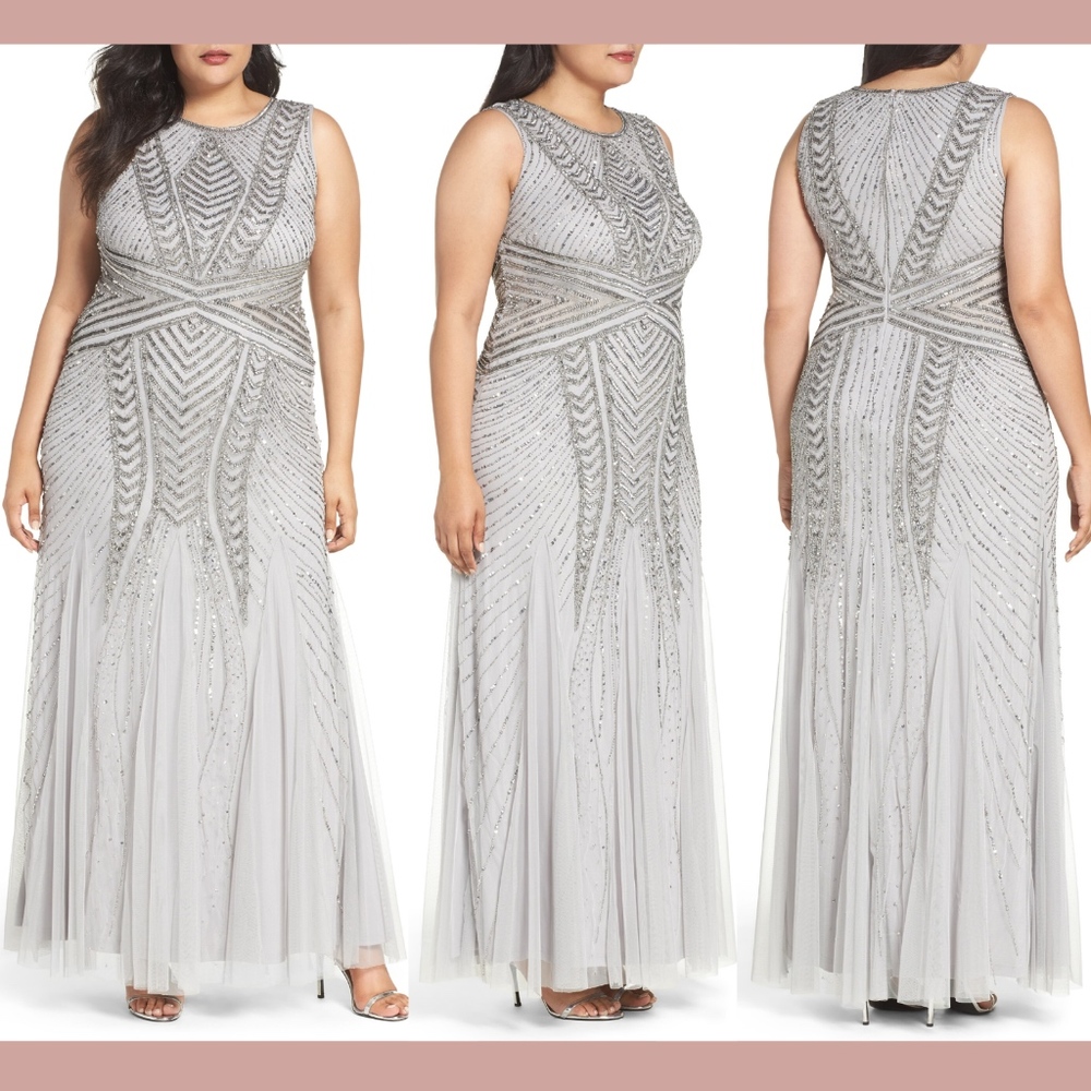 NEW $379 Adrianna Papell Chevron Beaded Mermaid Gown‎ Silver [PLUS 16W ]